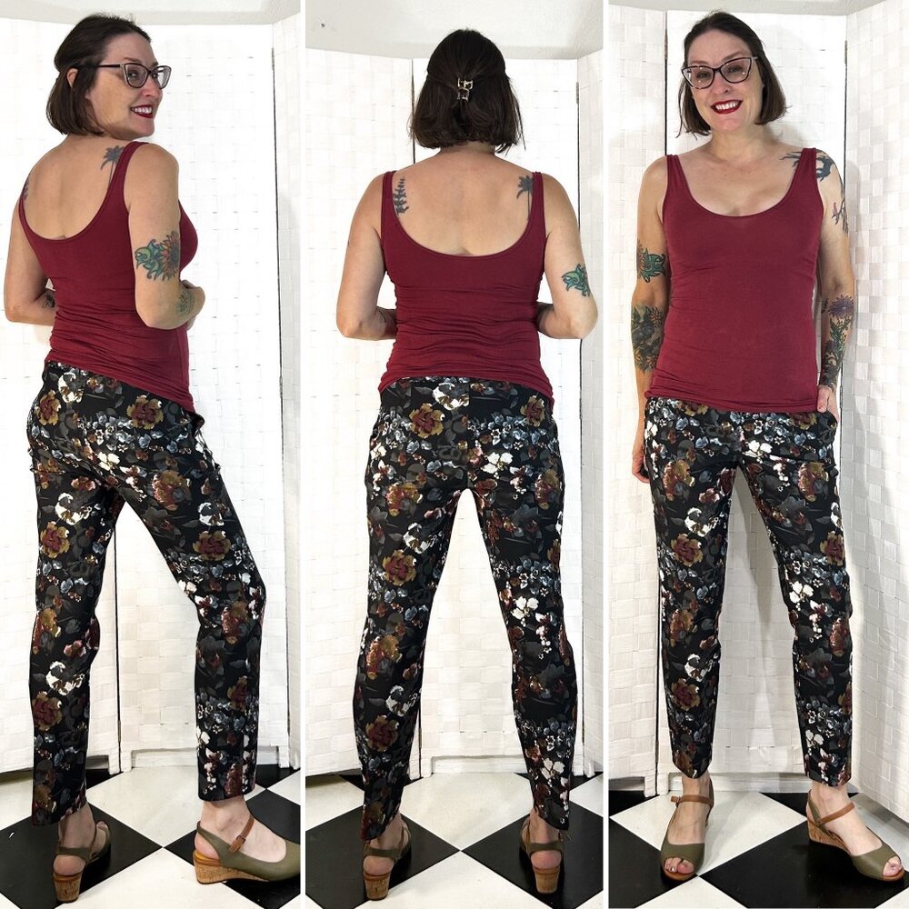 JL Jules and Leopold floral print ankle pants beautiful blue taupe and maroon to